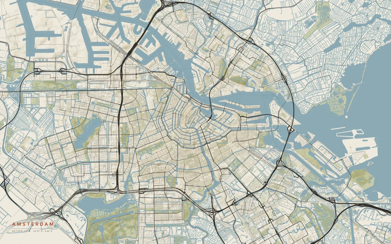 Amsterdam Metro in the Paper palette: Rings of canals around the old centre, on the south bank of the IJ.