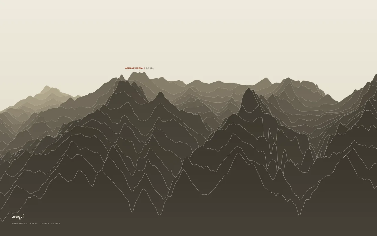 Annapurna Ridgelines in the Paper palette: Annapurna I and Machapuchare around the Annapurna Sanctuary.