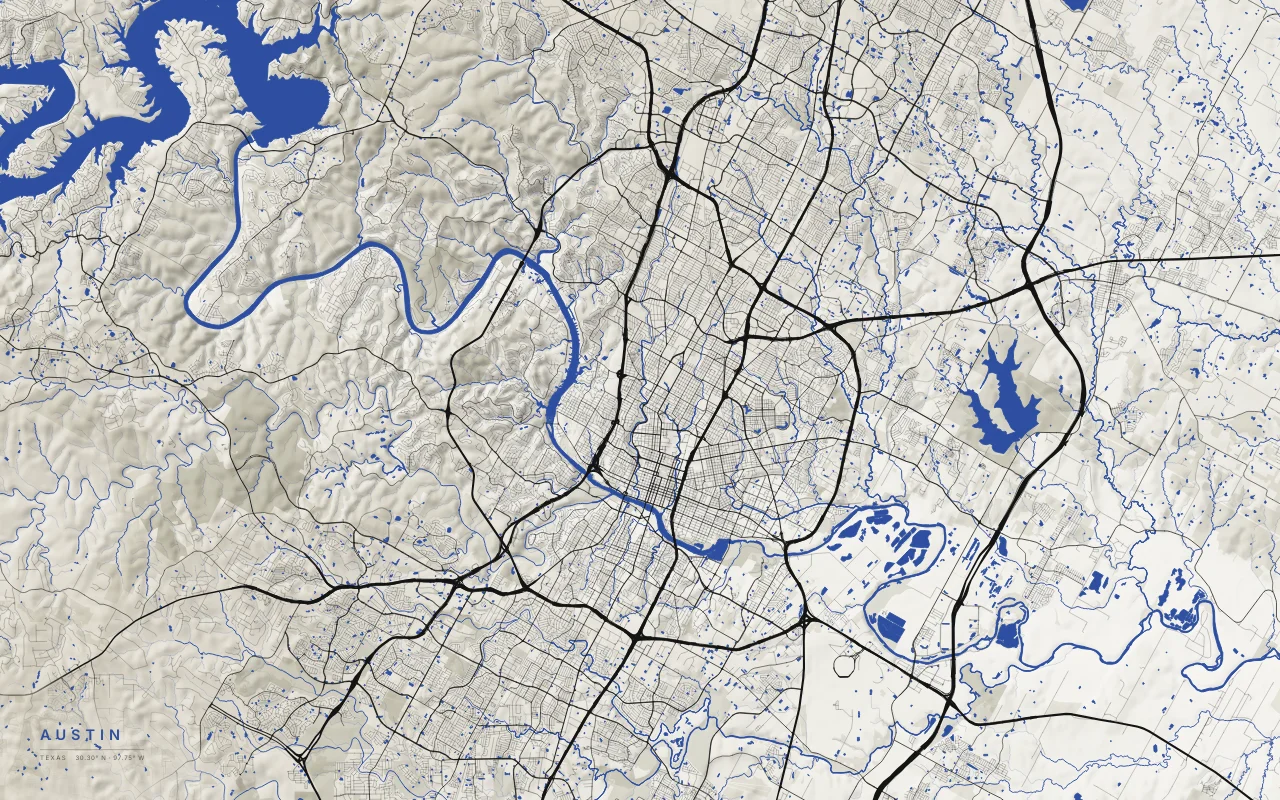 Austin Metro in the Ink and River palette: Balcones Escarpment and the Highland Lakes
