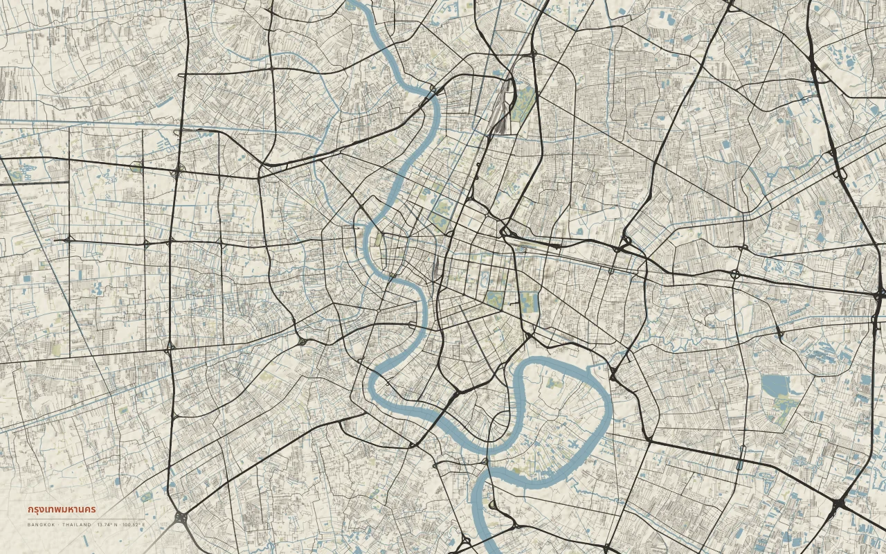 Bangkok Metro in the Paper palette: The Chao Phraya River winding through a flat delta city.
