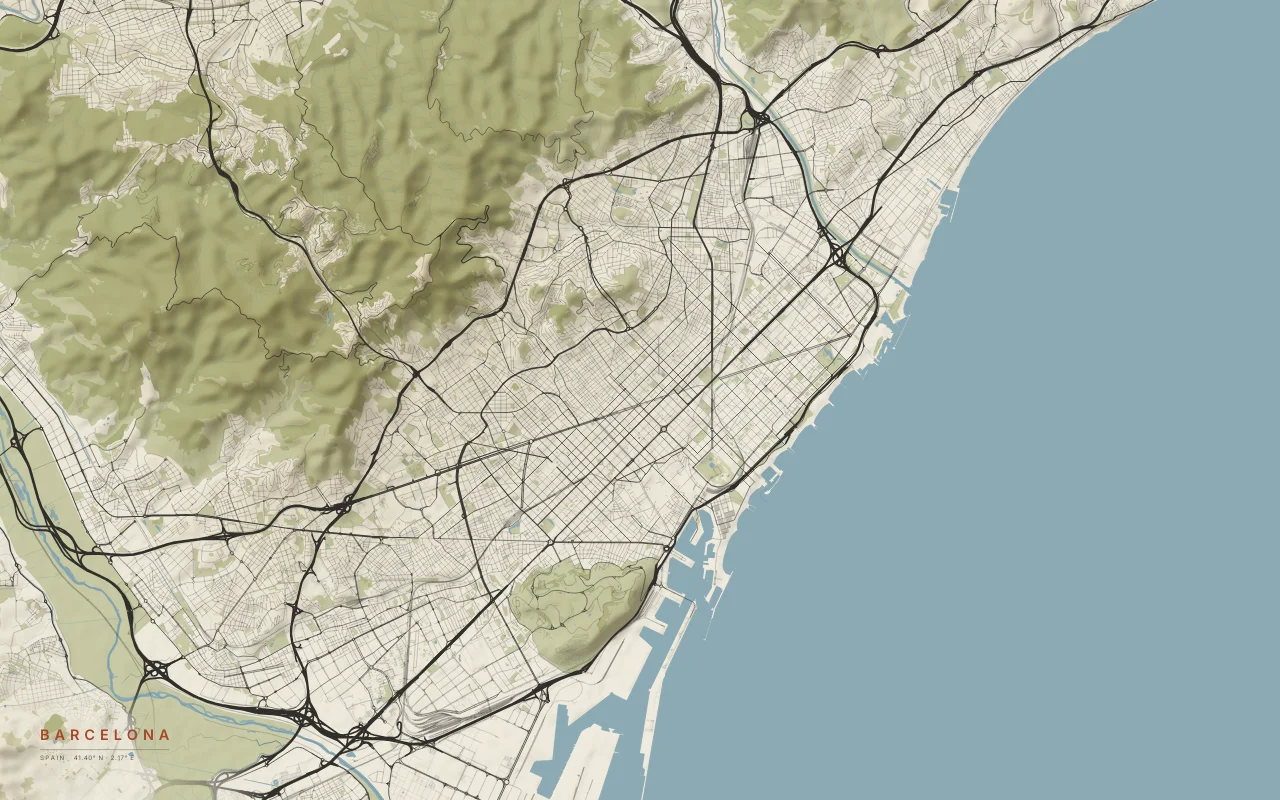 Barcelona Metro in the Paper palette: The Eixample grid between the Mediterranean and the Collserola hills.