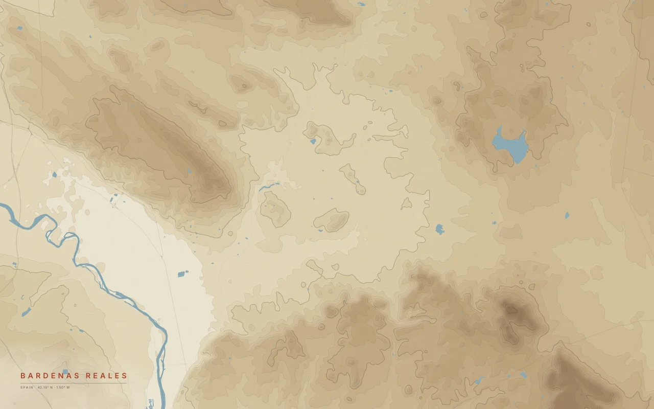 Bardenas Reales Badlands in the Paper palette: Clay and sandstone badlands carved into mesas and gullies in Navarre.