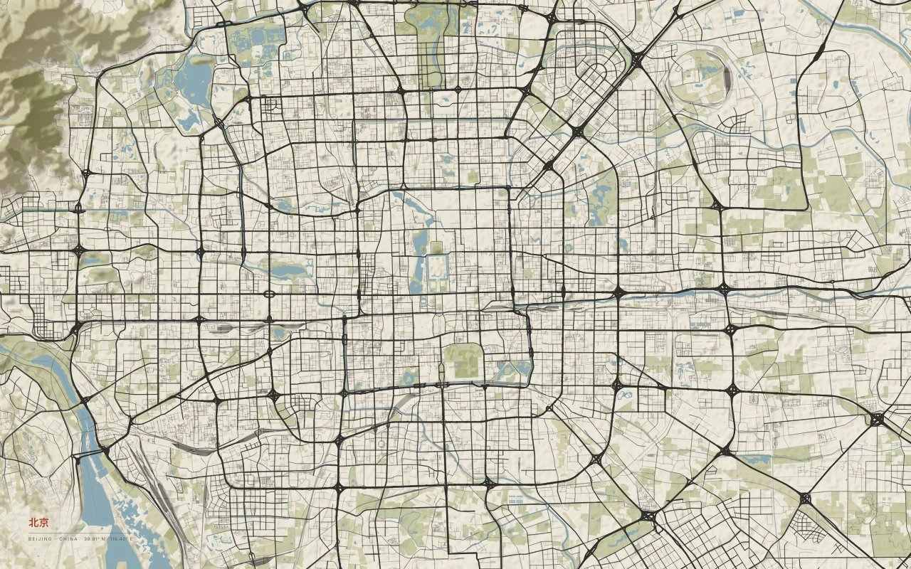 Beijing Metro in the Paper palette: Ring roads around the old city on the flat North China Plain.