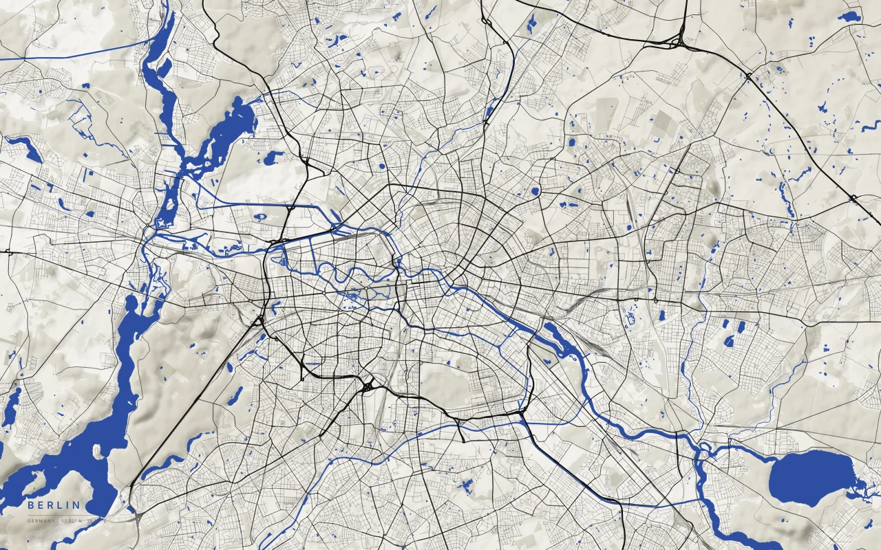 Berlin Metro in the Ink and River palette: The Spree, the Havel, and the lakes of a city on a flat glacial plain.