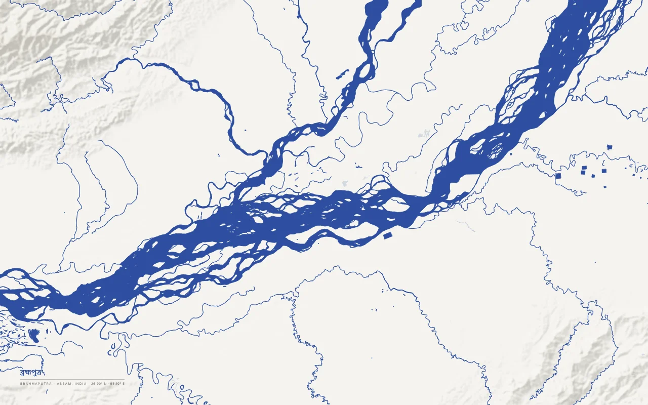 Brahmaputra River in the Ink and River palette: The braided Brahmaputra in Assam around Majuli, one of the largest river islands.