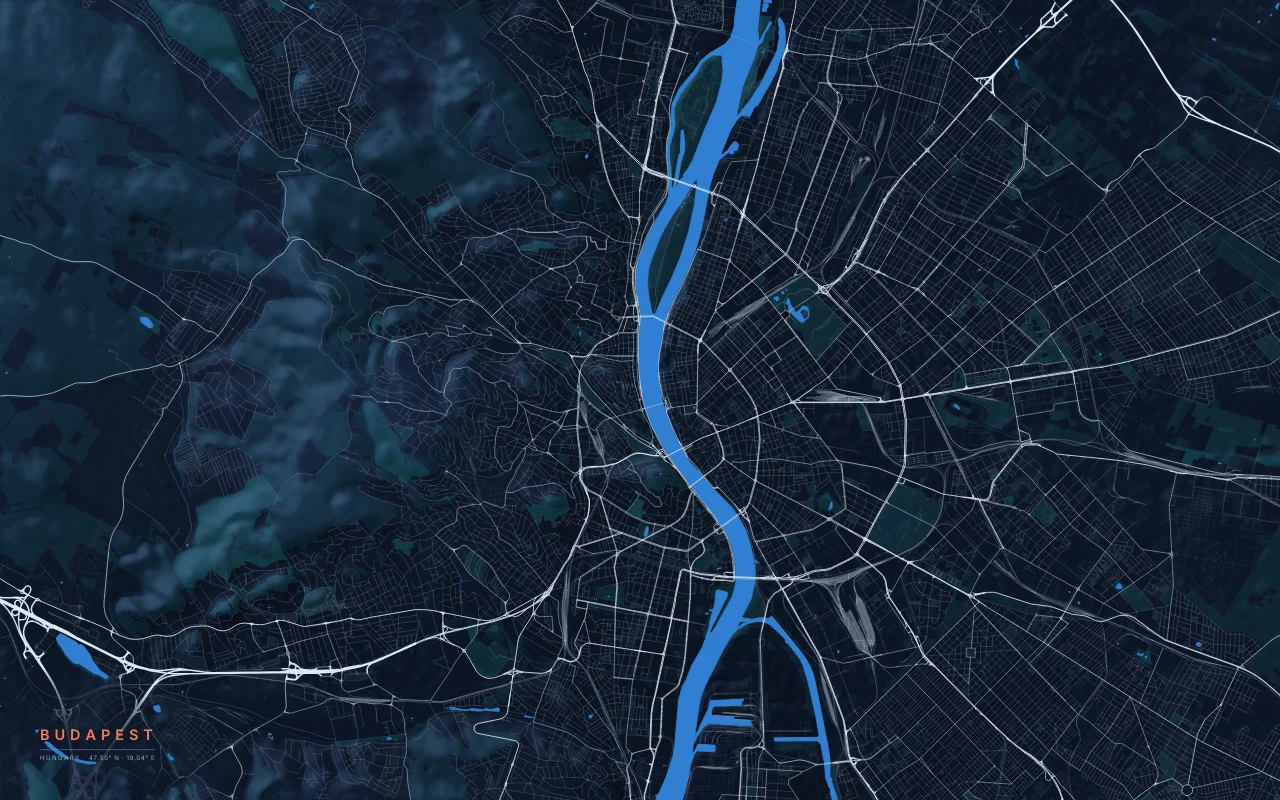 Budapest Metro in the Night River palette: The Danube between the Buda hills and the flat plain of Pest.