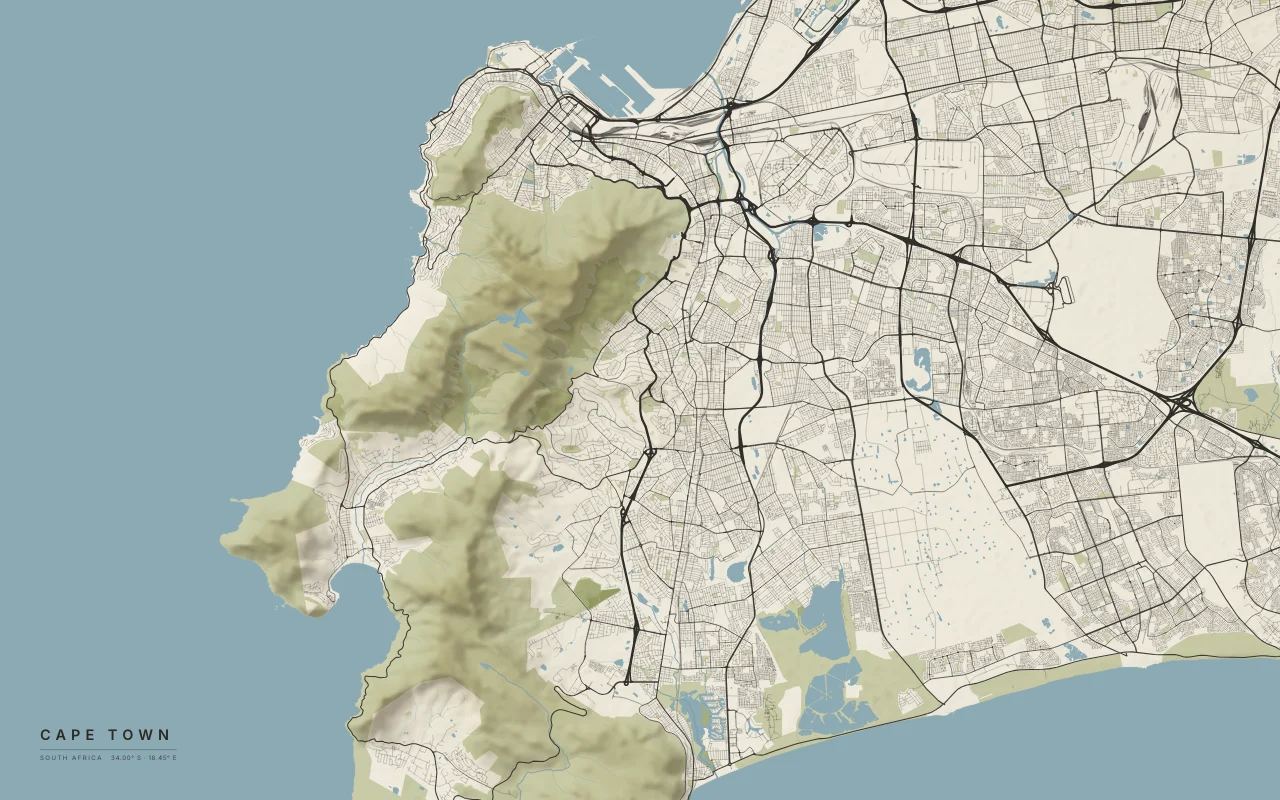 Cape Town Metro in the Paper palette: Table Mountain above Table Bay, with False Bay to the south-east.