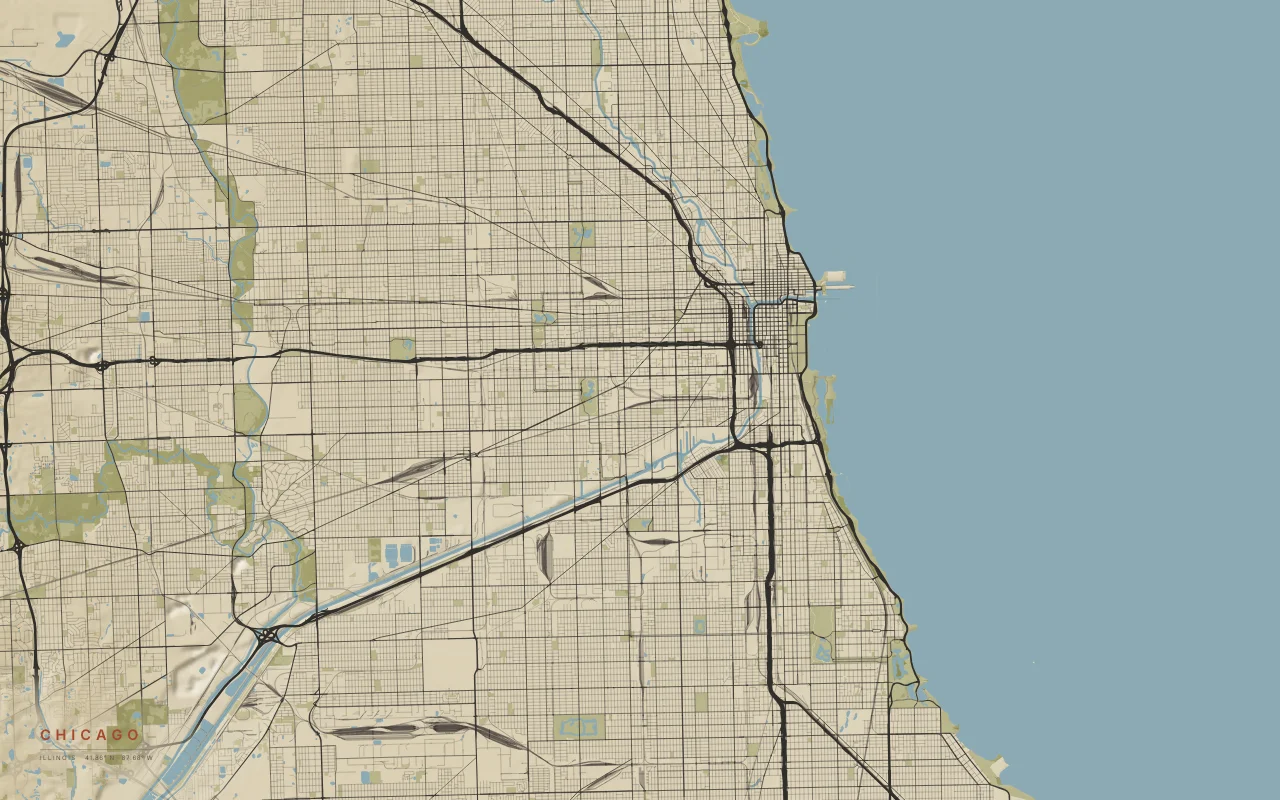 Chicago Metro in the Paper palette: A near-perfect grid against Lake Michigan, split by the Chicago River.