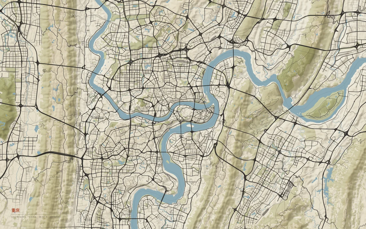 Chongqing Metro in the Paper palette: The Jialing River meets the Yangtze between long parallel ridges.