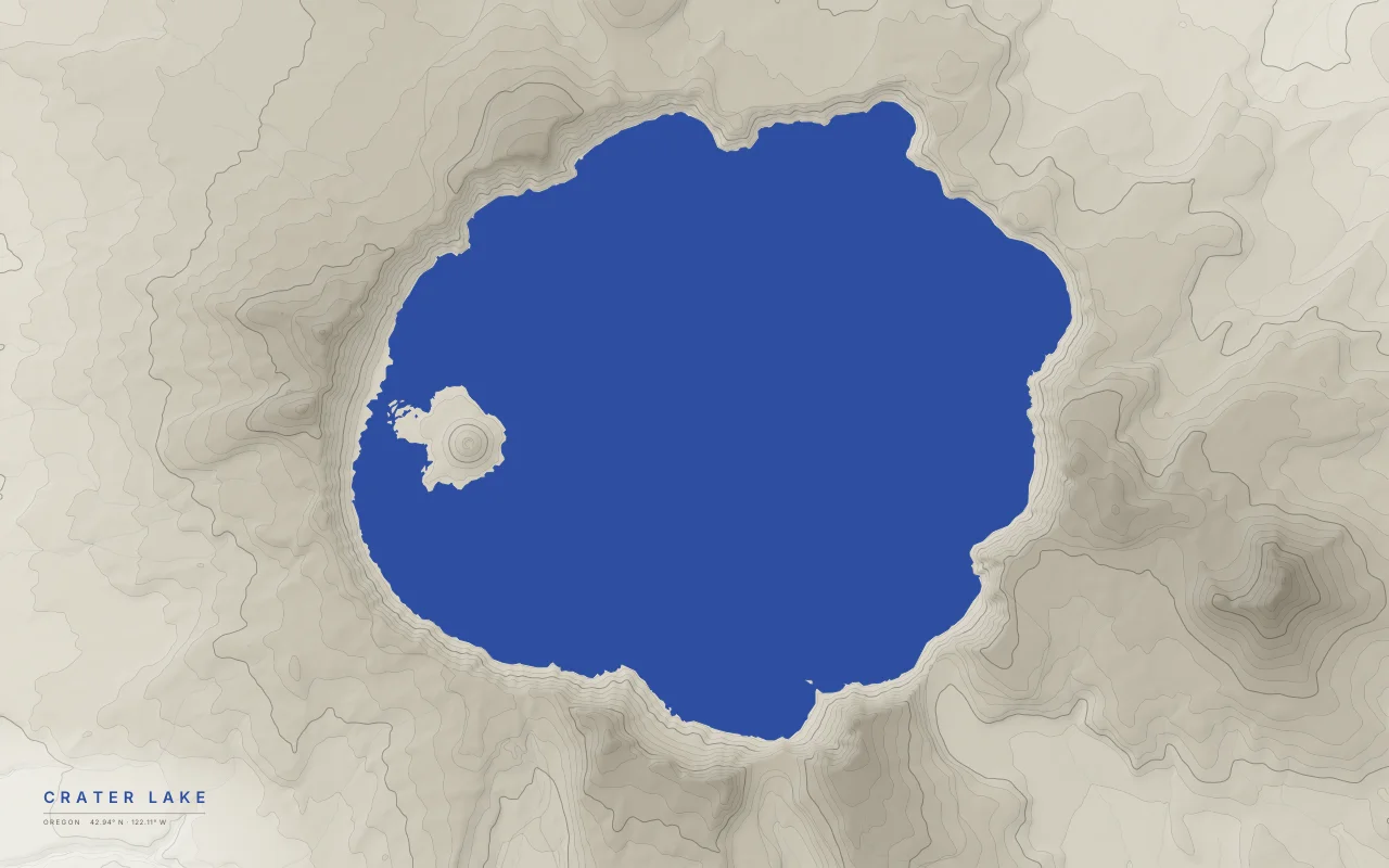 Crater Lake Caldera in the Ink and River palette: A lake in the caldera of Mount Mazama, which collapsed about 7,700 years ago.
