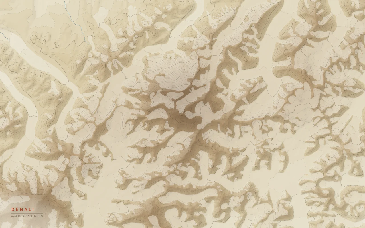Denali Contours in the Paper palette: Elevation bands of Denali in the Alaska Range, with the Kahiltna and Ruth glaciers left empty.