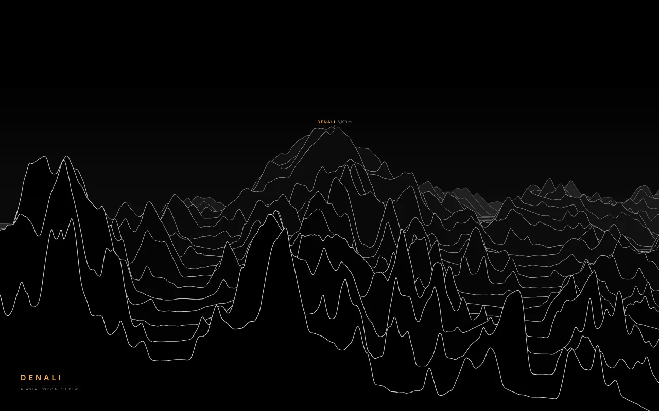 Denali Ridgelines in the Black palette: The highest mountain in North America, in the Alaska Range.