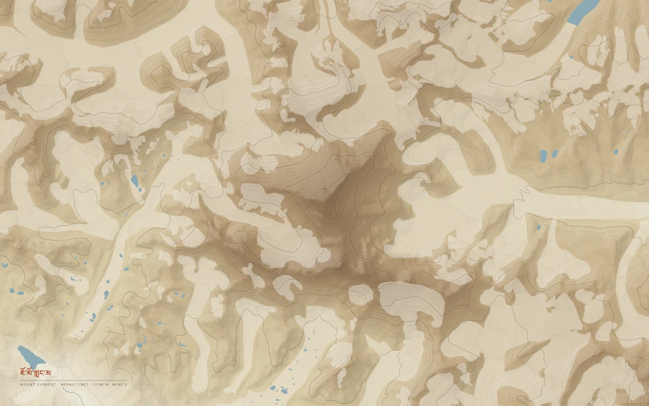 Mount Everest Contours in the Paper palette: Filled elevation bands around Everest, Lhotse, and Nuptse, with the Khumbu glaciers left empty.