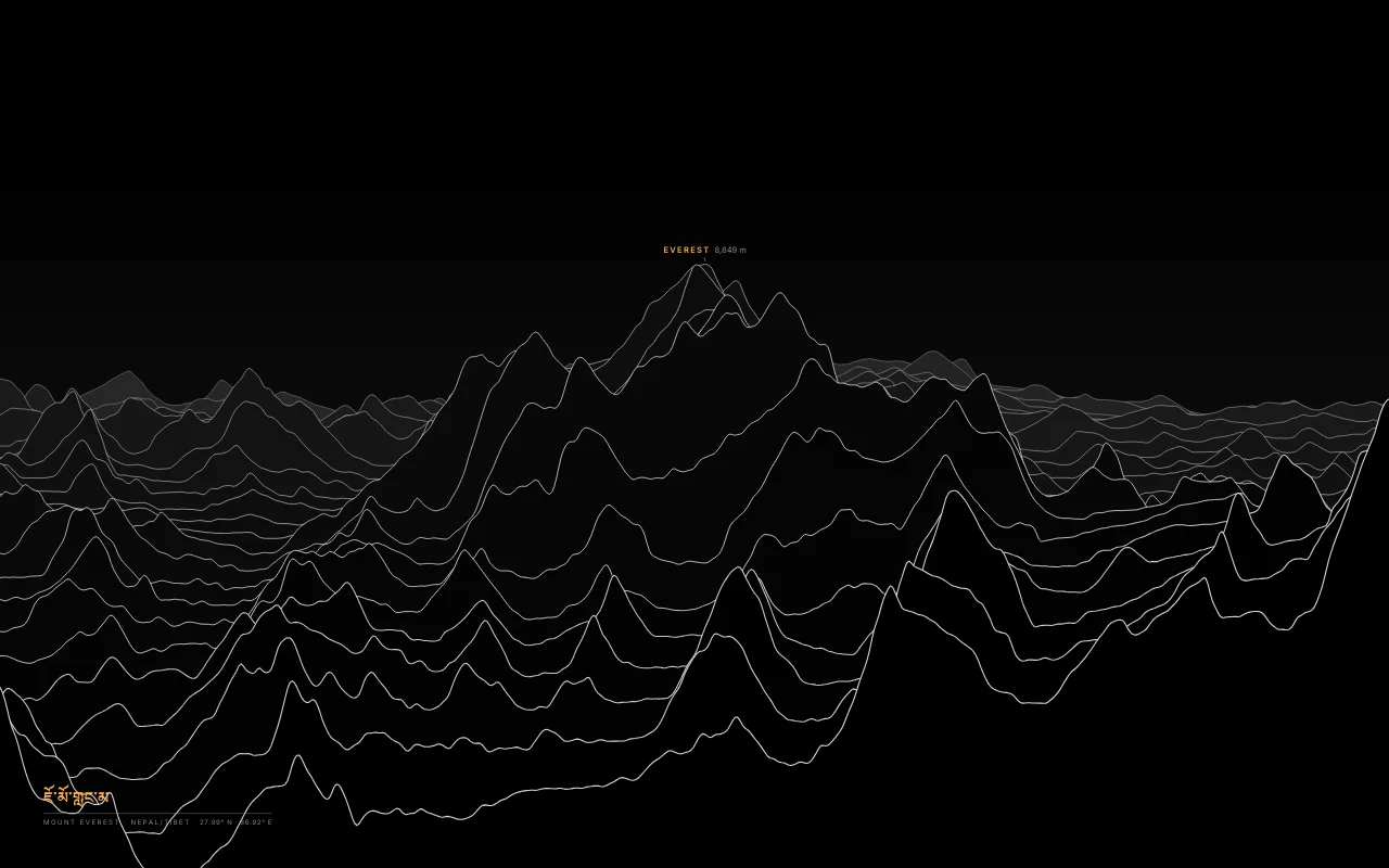Mount Everest Ridgelines in the Black palette: The highest mountain on Earth, with Lhotse and Nuptse, on the Nepal–Tibet border.