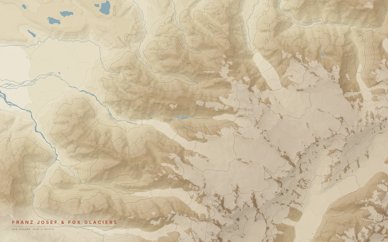 Franz Josef & Fox Glaciers Glaciers in the Paper palette: Two glaciers descending from the Southern Alps toward the West Coast rainforest.