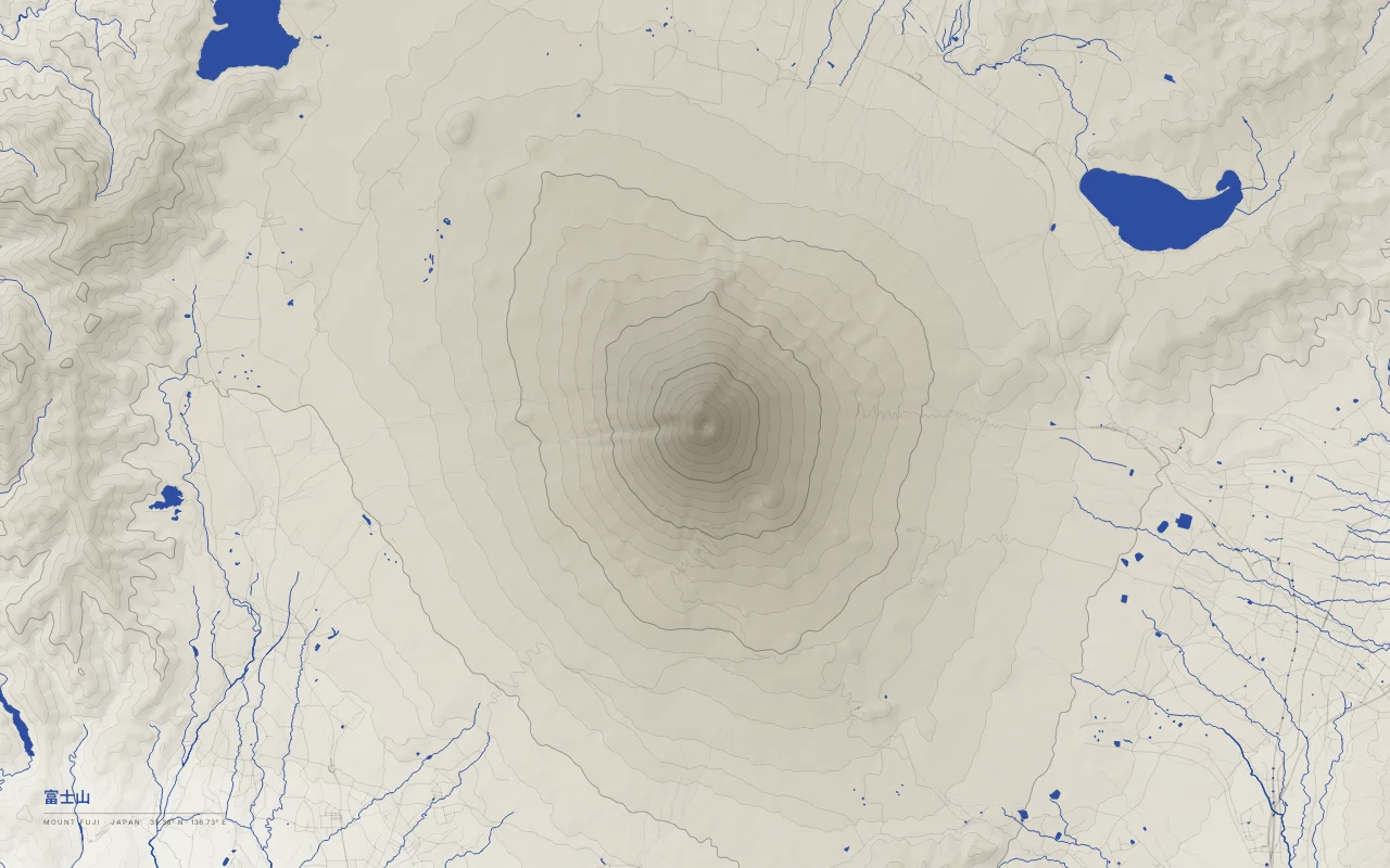 Mount Fuji Contours in the Ink and River palette: Elevation bands of Mount Fuji, a near-symmetric stratovolcano, with the Fuji Five Lakes to the north.