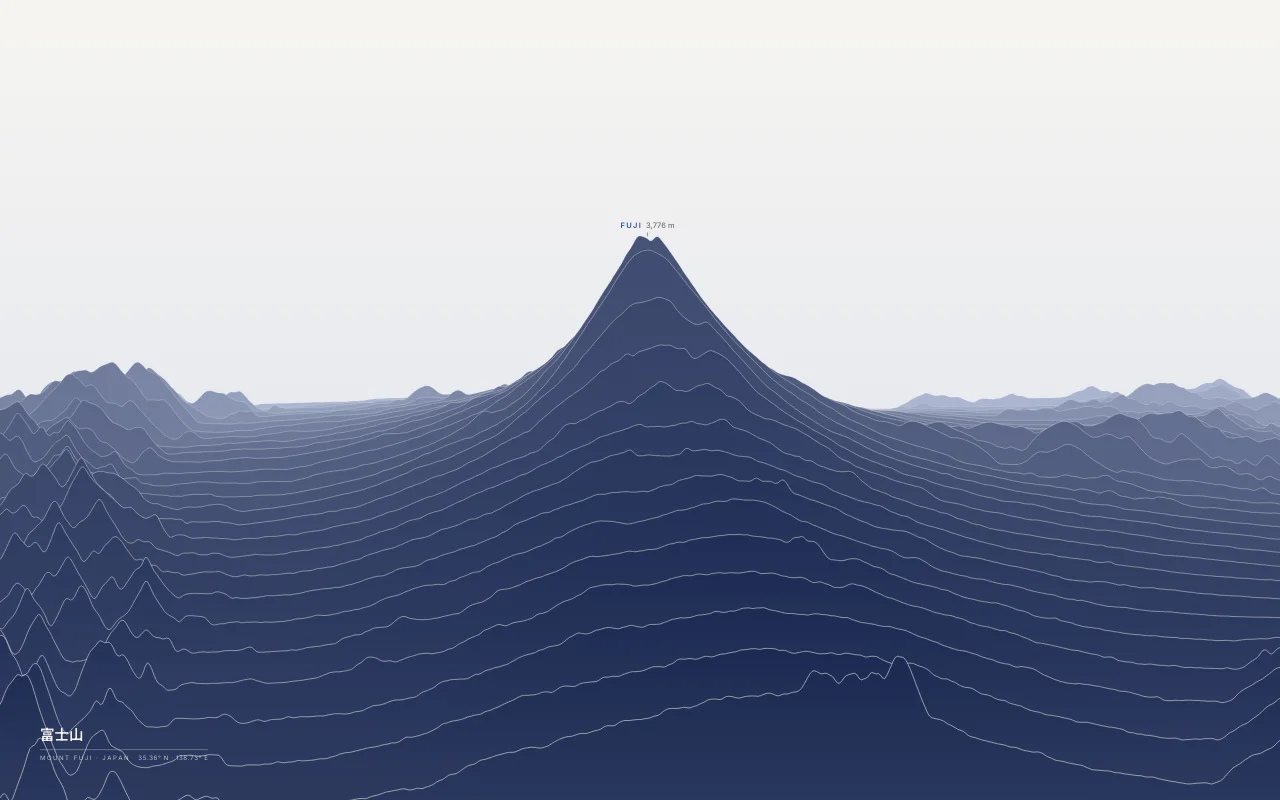 Mount Fuji Ridgelines in the Ink and River palette: The symmetrical stratovolcano, the highest mountain in Japan.