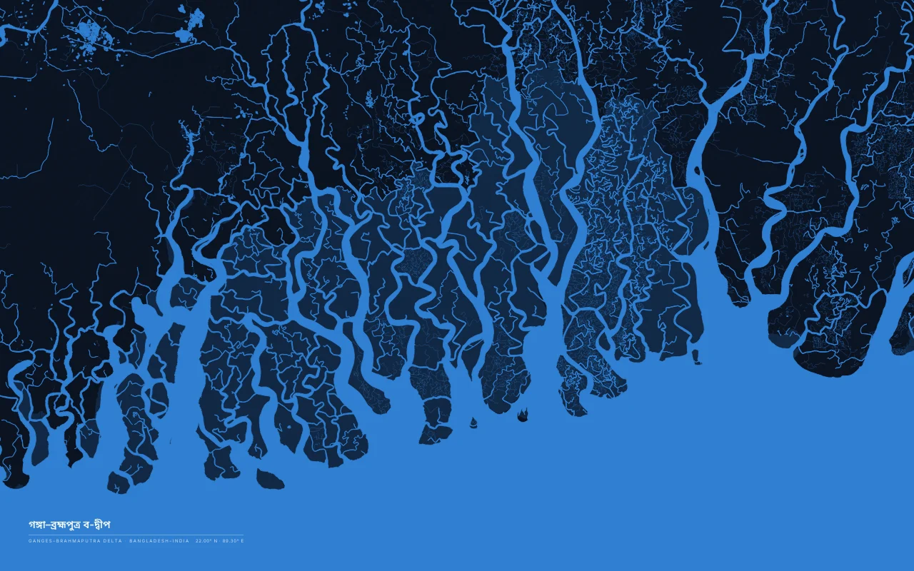Ganges–Brahmaputra Delta Delta in the Night River palette: The Sundarbans, a mangrove delta of tidal channels where the Ganges and Brahmaputra reach the Bay of Bengal.