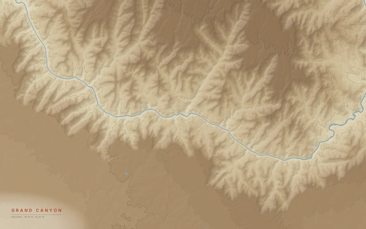 Grand Canyon Contours in the Paper palette: Elevation bands of the Grand Canyon, with the Colorado River cut between the South and North rims.