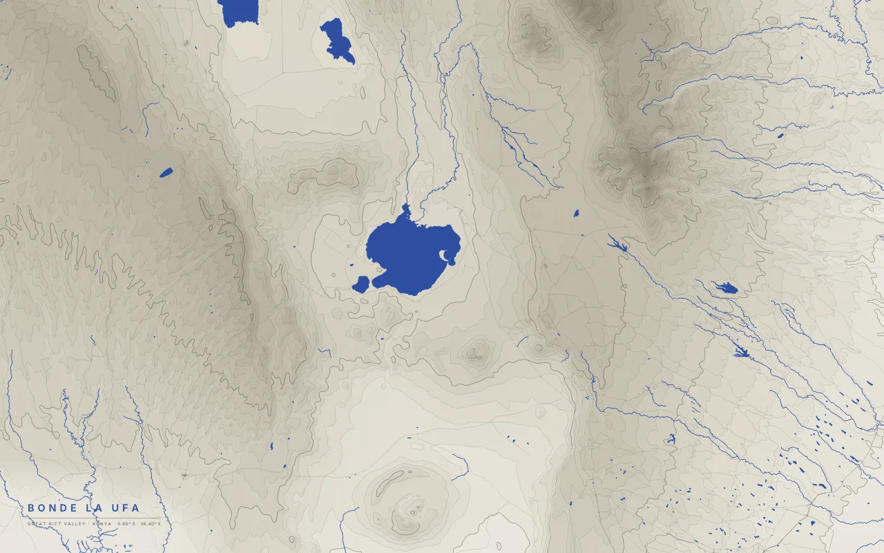 Great Rift Valley Naivasha in the Ink and River palette: The floor of the Eastern Rift around Lake Naivasha, between the Mau and Aberdare escarpments.