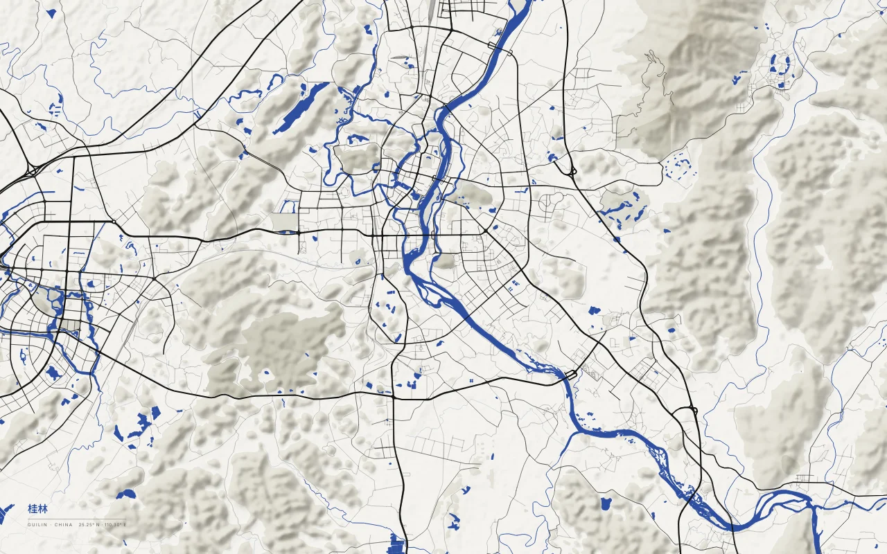Guilin Metro in the Ink and River palette: The Li River winds through the city among isolated karst hills.