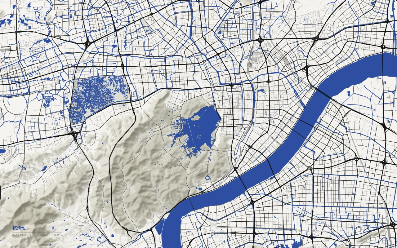 Hangzhou Metro in the Ink and River palette: West Lake ringed by hills, beside the Qiantang River.