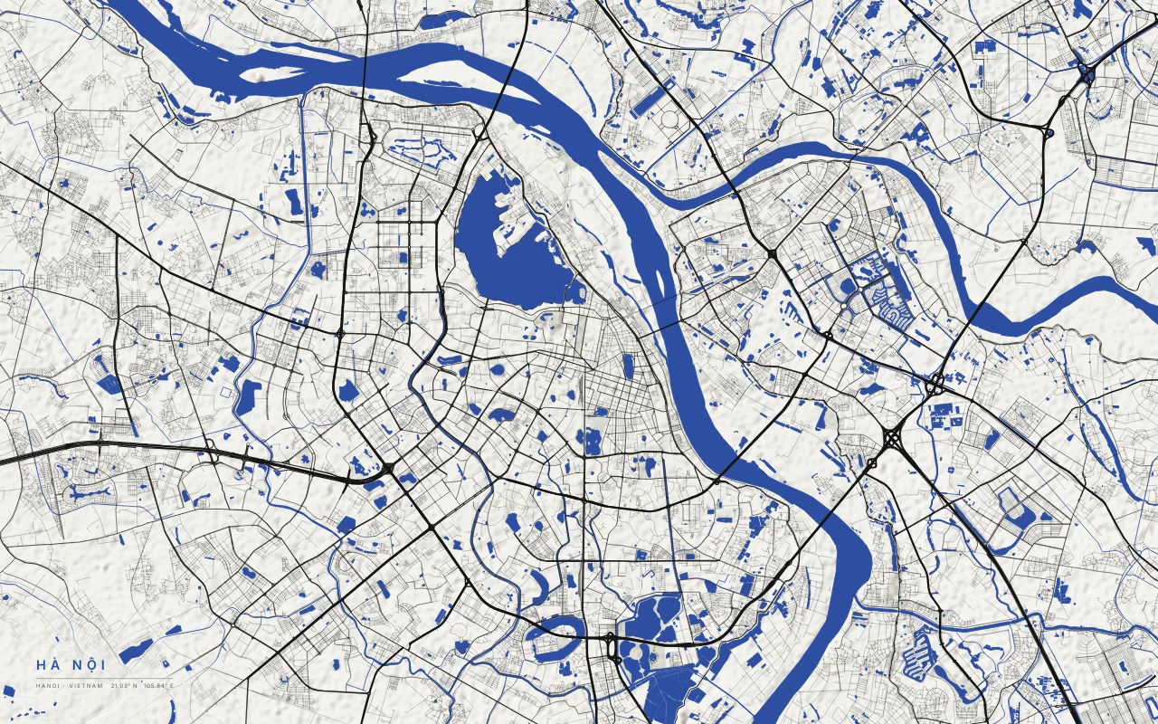 Hanoi Metro in the Ink and River palette: The Red River and the lakes of the old city, including West Lake and Hoan Kiem.