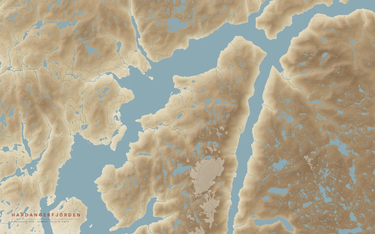 Hardangerfjord Fjord in the Paper palette: The middle of a 179 km fjord, with the Folgefonna ice cap to the south.