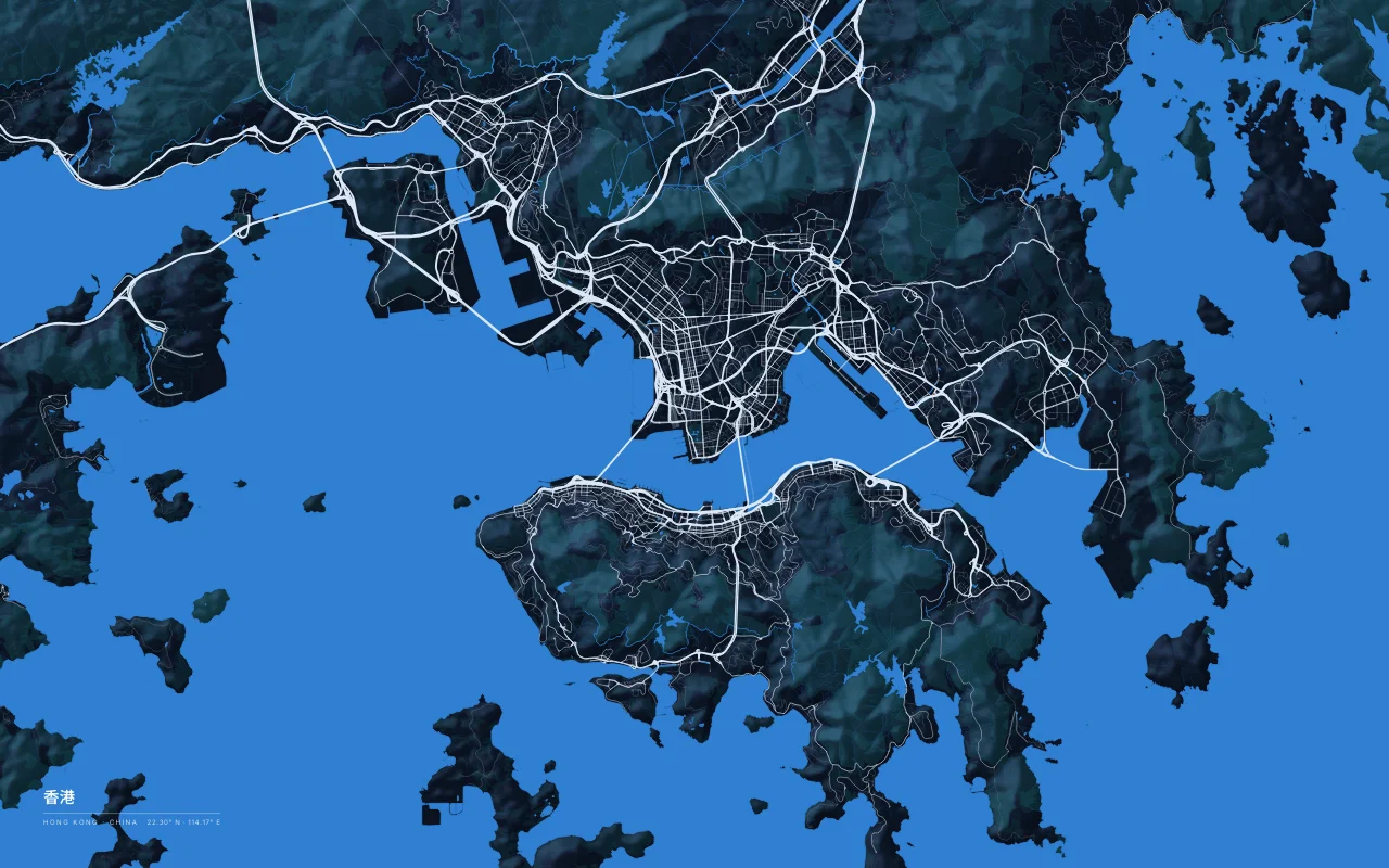 Hong Kong Metro in the Night River palette: Victoria Harbour between Kowloon and the steep slopes of Hong Kong Island.