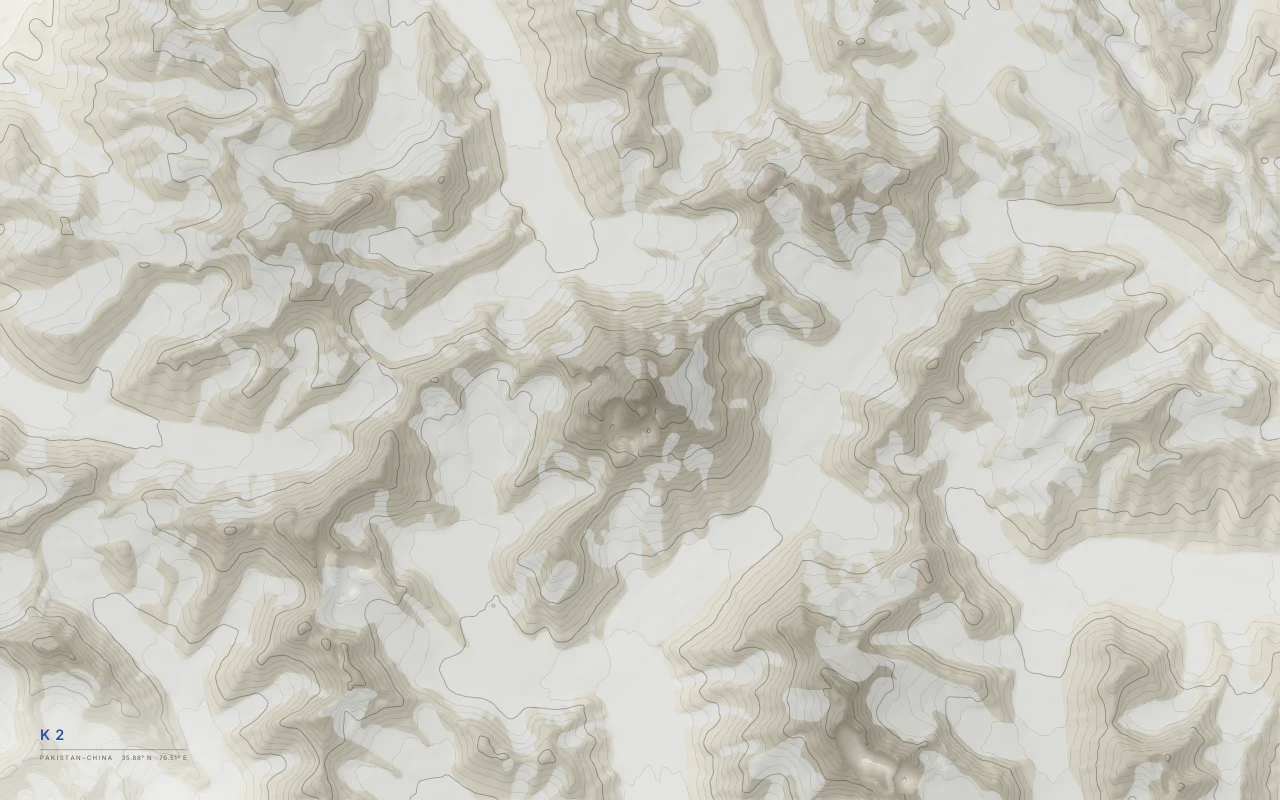 K2 Contours in the Ink and River palette: Elevation bands of the K2 massif in the Karakoram, with the Baltoro and Godwin-Austen glaciers left empty.