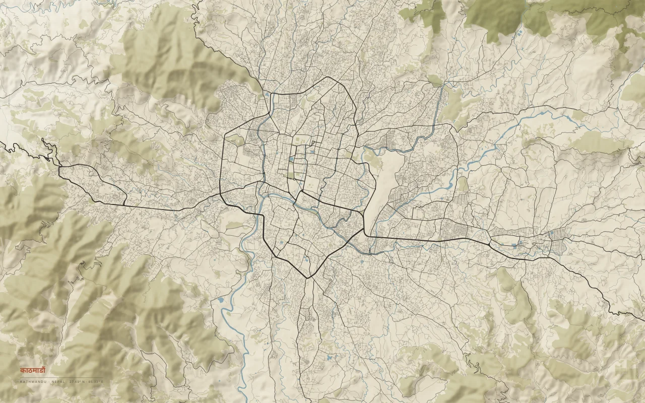 Kathmandu Metro in the Paper palette: A city filling a bowl-shaped valley ringed by hills, drained by the Bagmati River.