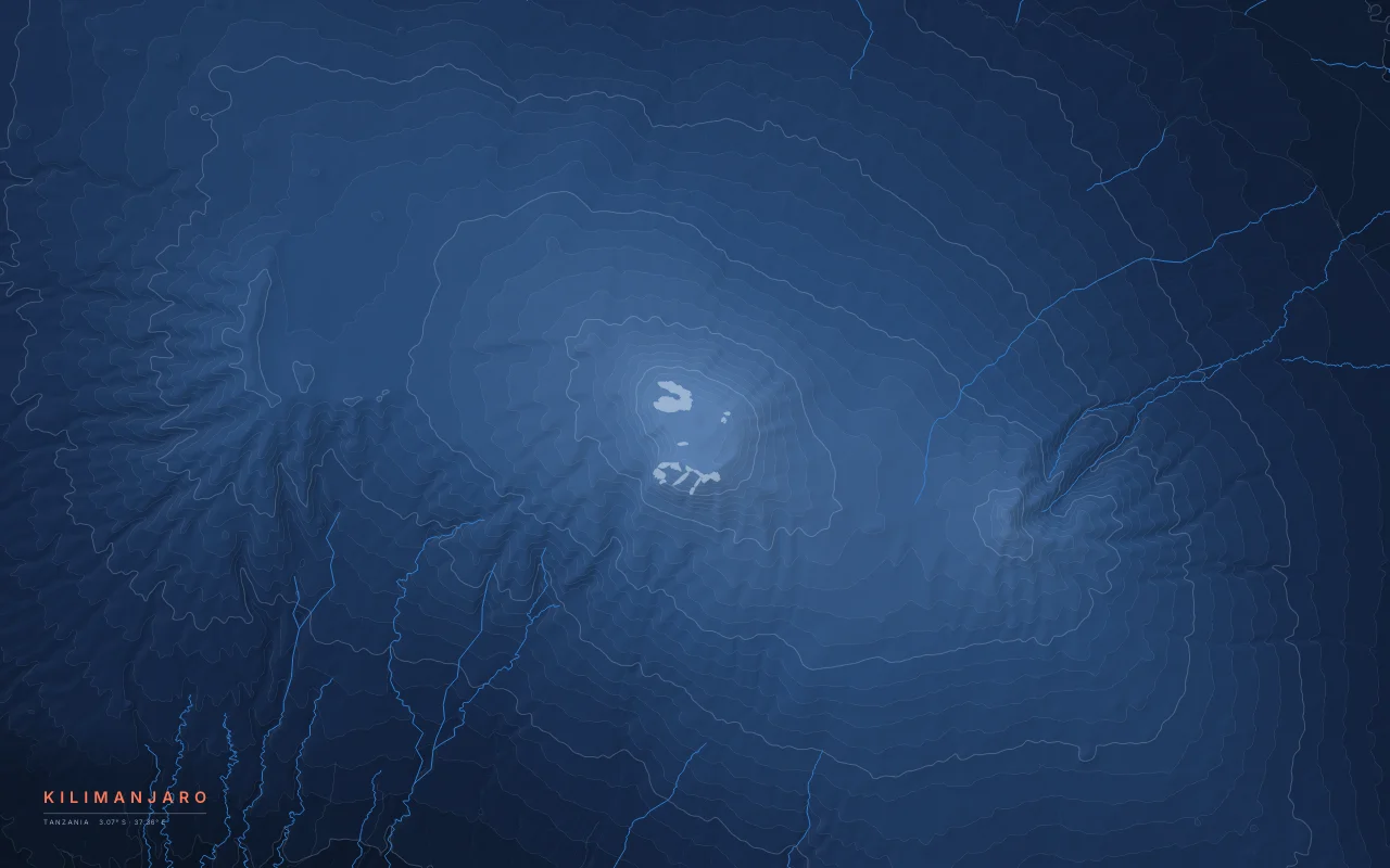 Kilimanjaro Contours in the Night River palette: Elevation bands of Kilimanjaro rising about 5,000 m above the plains, its summit ice left empty.