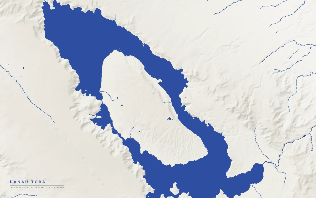 Lake Toba Caldera in the Ink and River palette: The lake in the Toba supervolcano caldera, with Samosir island rising in its middle.