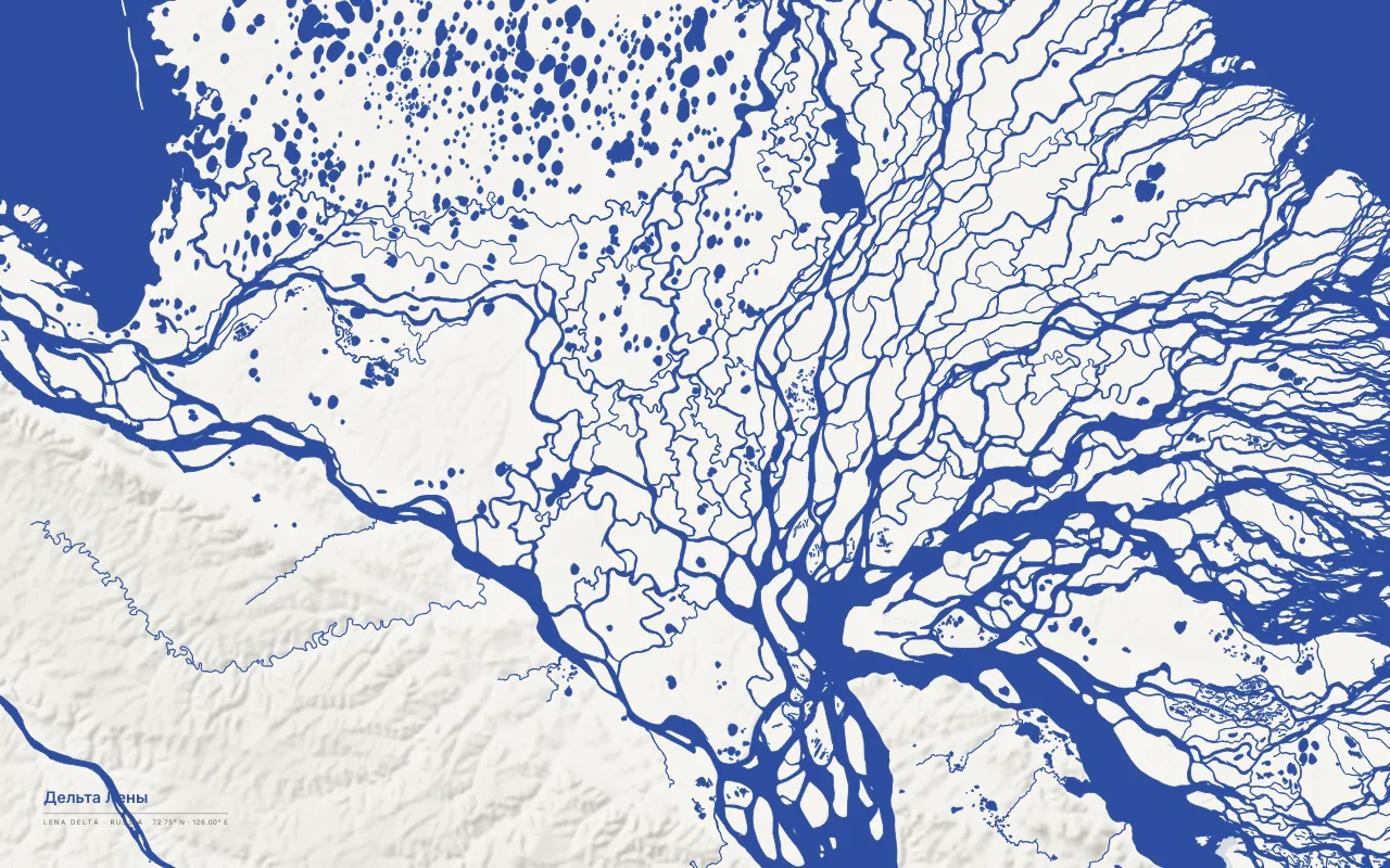 Lena Delta Delta in the Ink and River palette: The Lena's Arctic delta on the Laptev Sea, a maze of channels and thaw lakes.