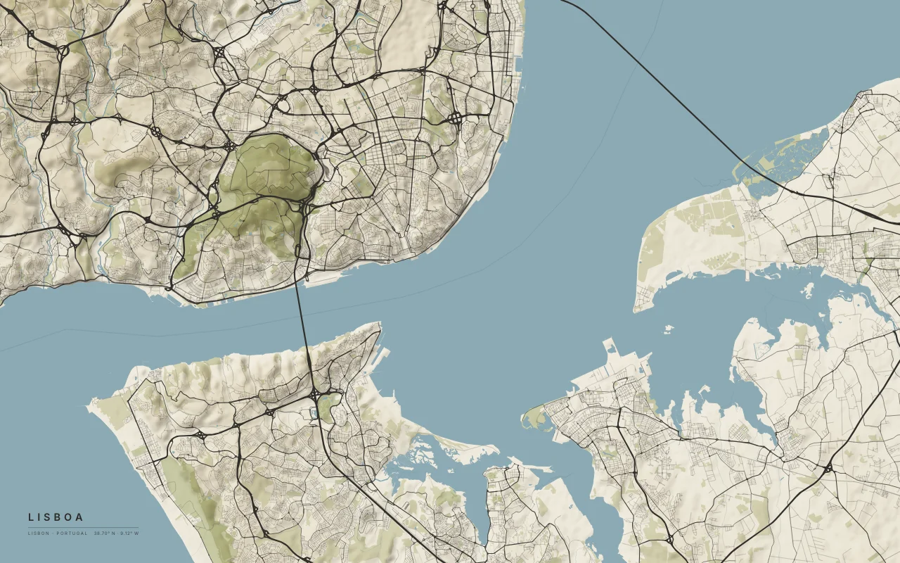 Lisbon Metro in the Paper palette: Hills on the north shore of the Tagus estuary.