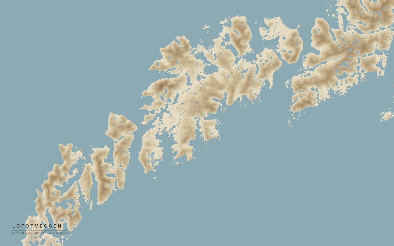 Lofoten Wall Wall in the Paper palette: A chain of steep mountain islands rising from the Norwegian Sea.