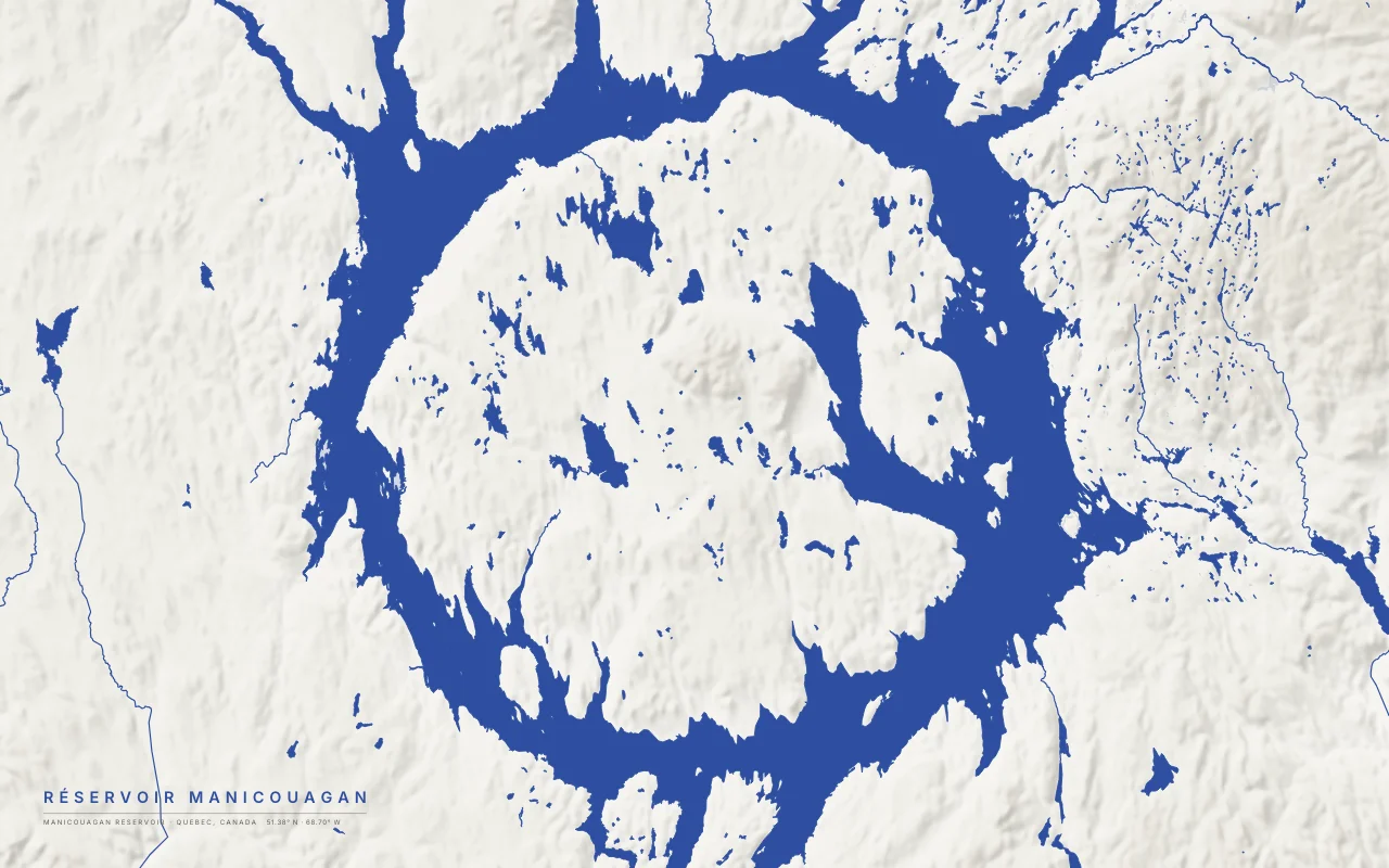Manicouagan Reservoir Reservoir in the Ink and River palette: A ring-shaped reservoir filling the eroded moat of an impact crater about 214 million years old.