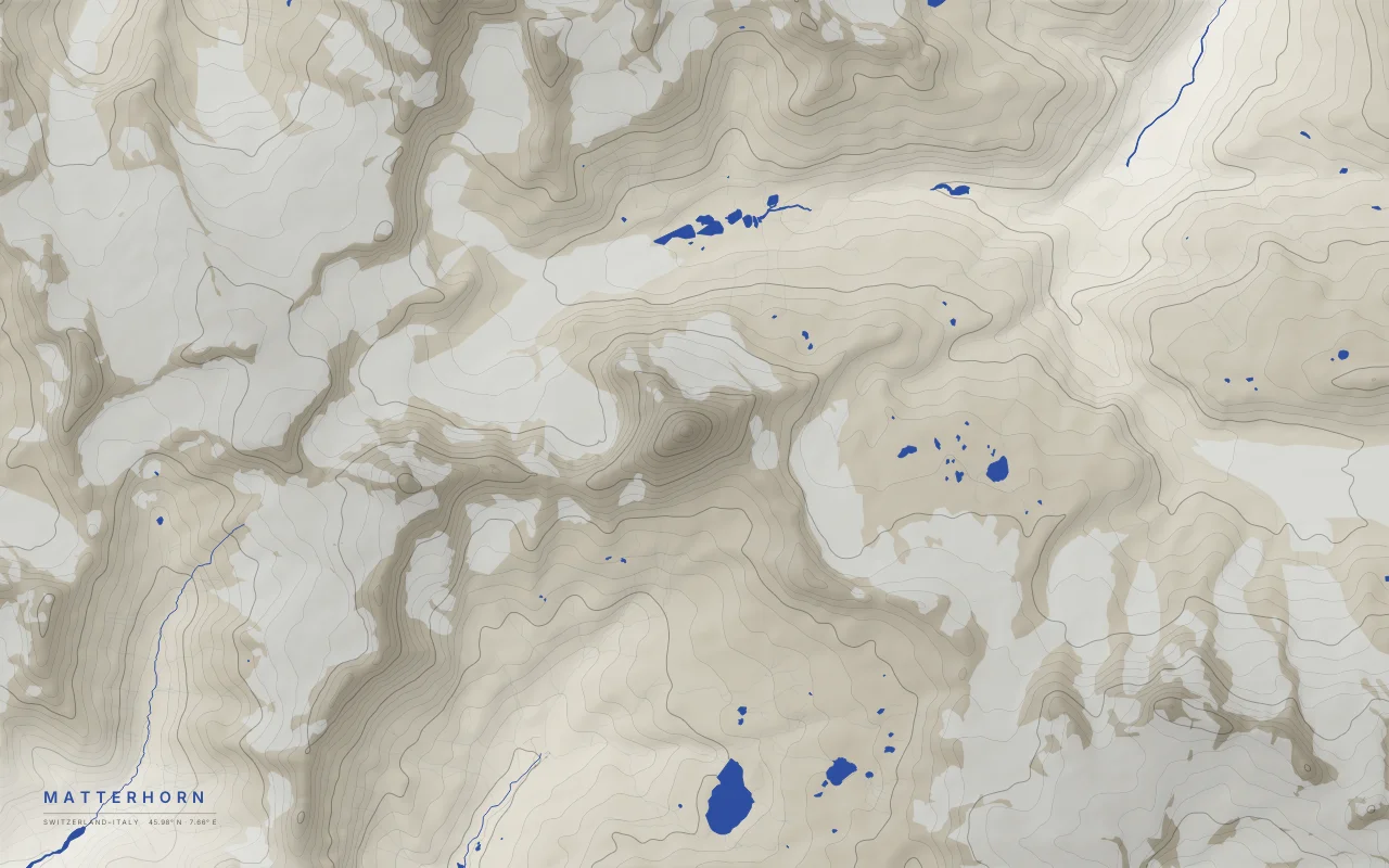 Matterhorn Contours in the Ink and River palette: Elevation bands around the Matterhorn above Zermatt and Breuil-Cervinia, glaciers left empty.