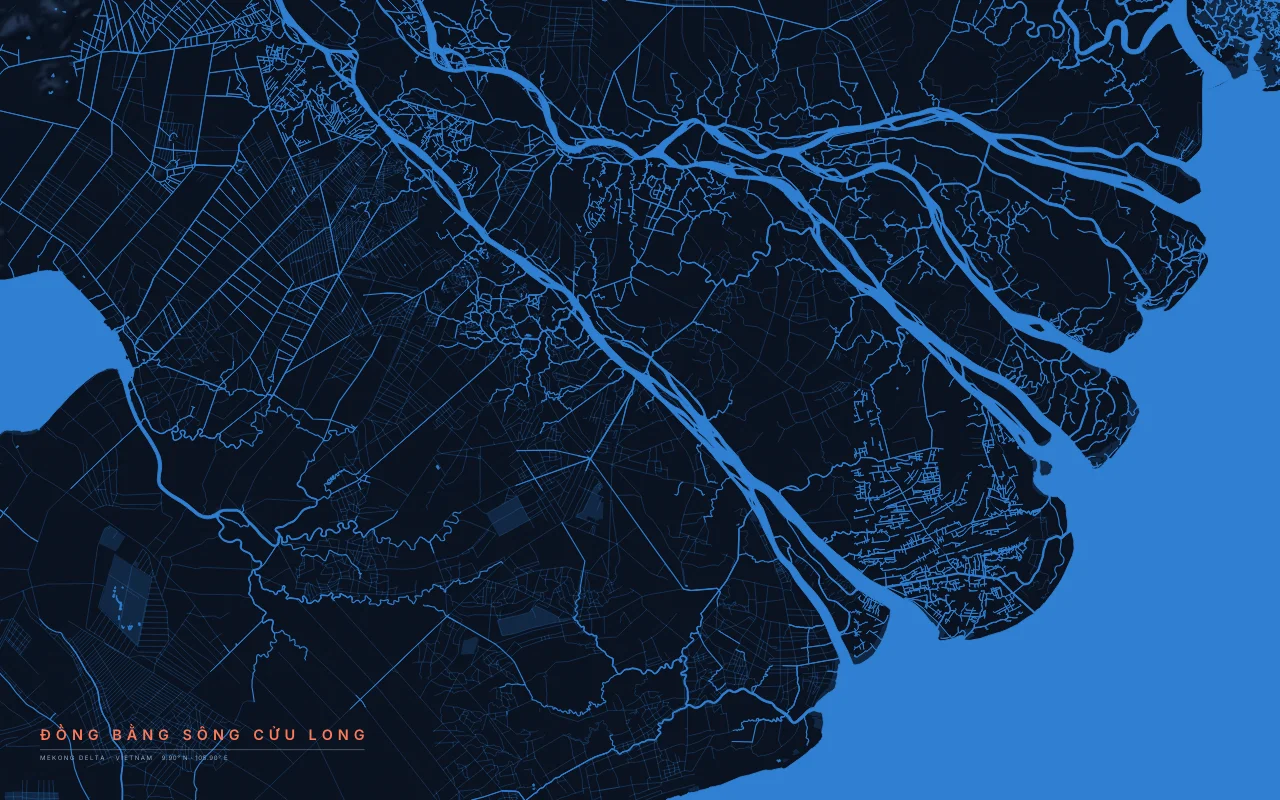 Mekong Delta Delta in the Night River palette: The Mekong reaching the South China Sea through its many distributaries in southern Vietnam.