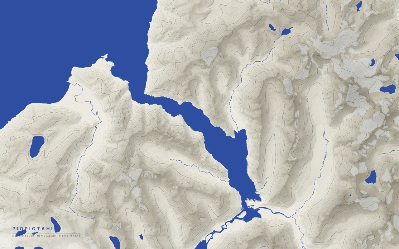 Milford Sound Fiord in the Ink and River palette: A glacial fiord running from the Tasman Sea between peaks over 1,600 m.