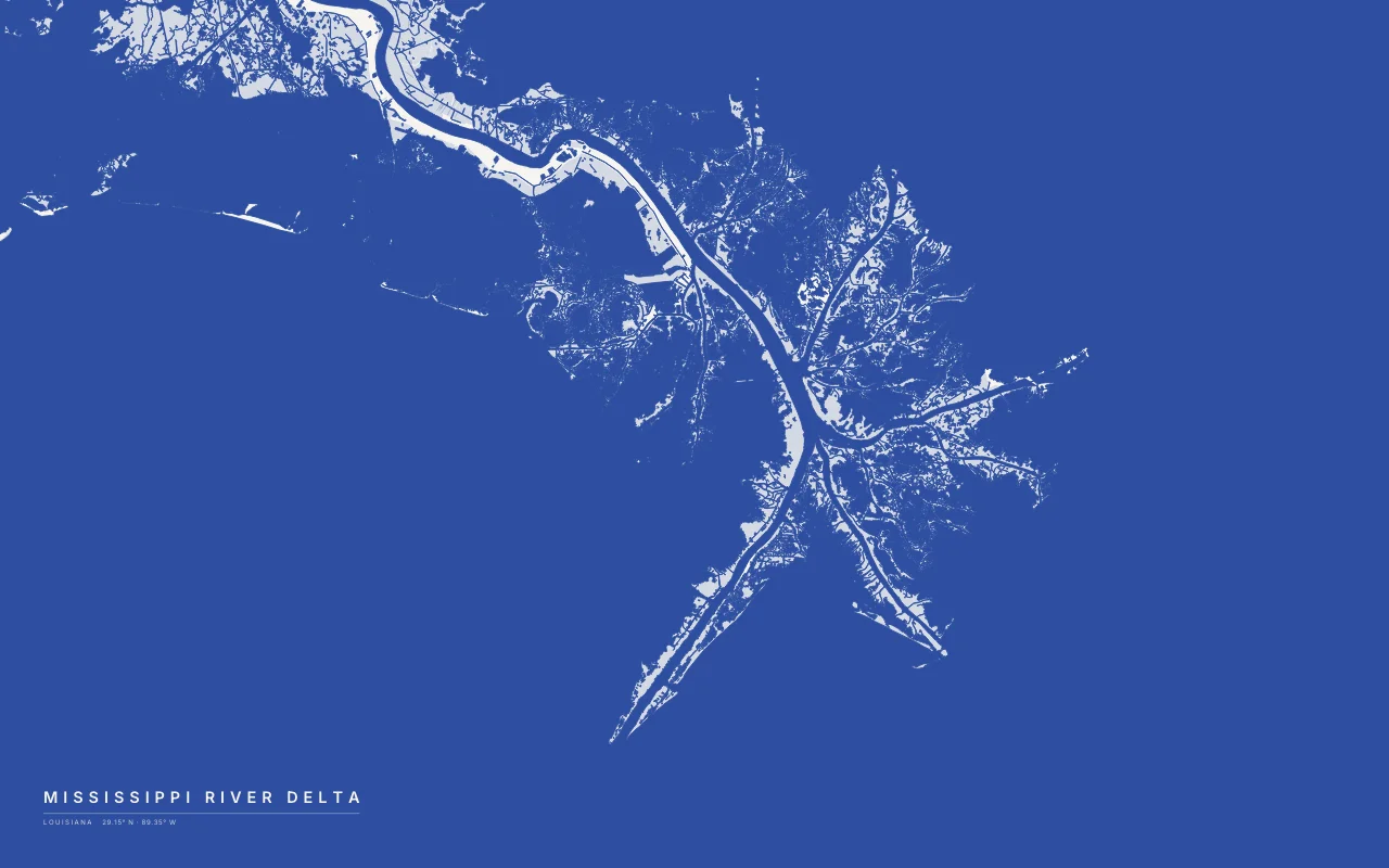 Mississippi River Delta Delta in the Ink and River palette: The Birdfoot delta, where the Mississippi splits into passes into the Gulf of Mexico.