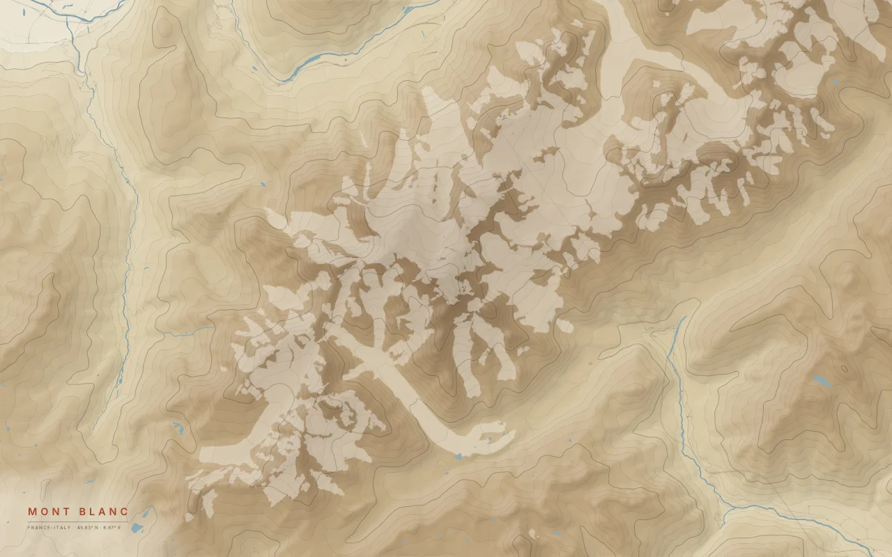Mont Blanc Contours in the Paper palette: Elevation bands of the Mont Blanc massif between Chamonix and Courmayeur, glaciers left empty.