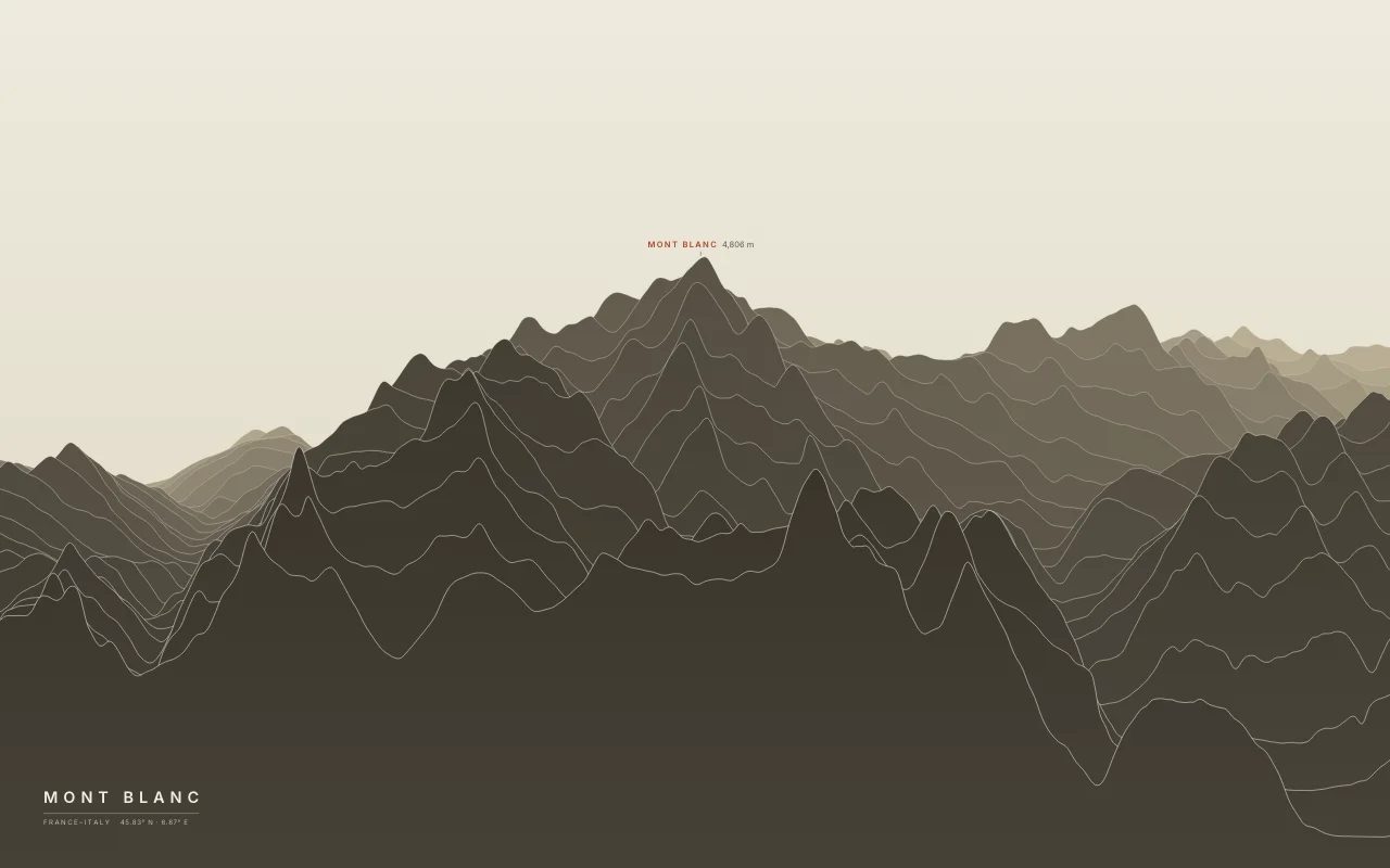 Mont Blanc Ridgelines in the Paper palette: The highest peak of the Alps, between Chamonix and Courmayeur.