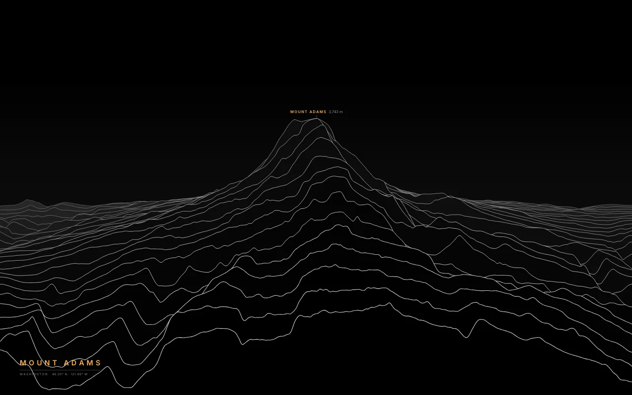Mount Adams Ridgelines in the Black palette: Washington’s second-highest peak, a broad volcano east of St. Helens.