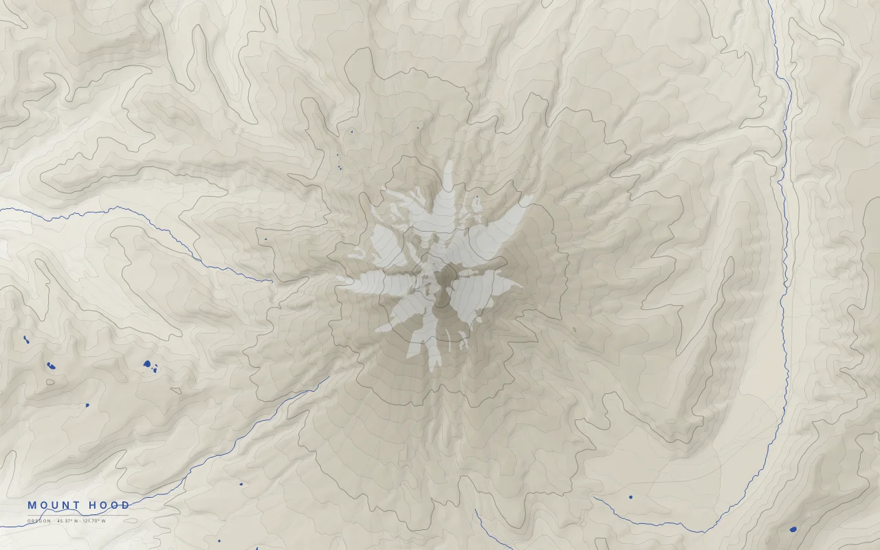 Mount Hood Contours in the Ink and River palette: Elevation bands of Mount Hood, Oregon's highest peak, with its glaciers left empty.