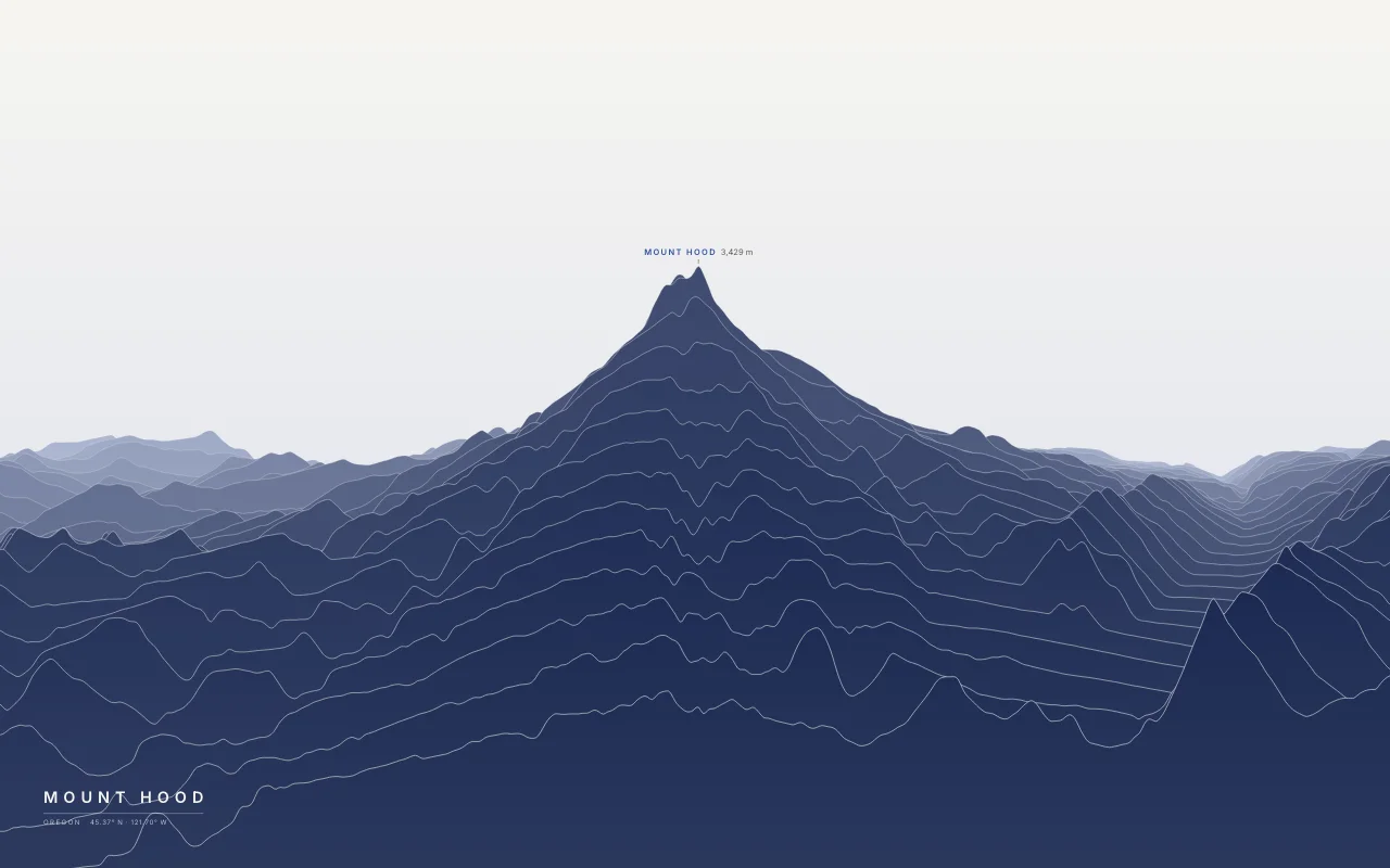 Mount Hood Ridgelines in the Ink and River palette: Oregon’s highest mountain, a glaciated volcano east of Portland.