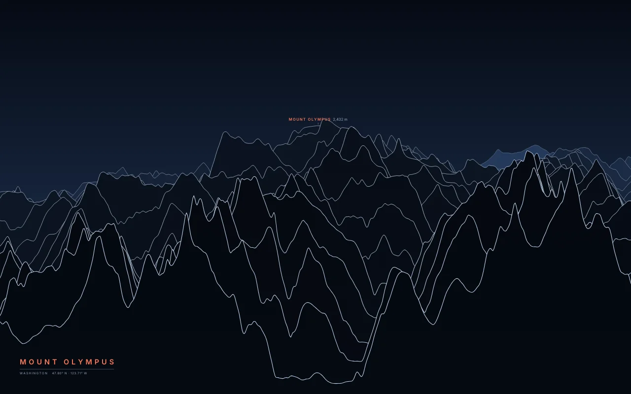 Mount Olympus Ridgelines in the Night River palette: The highest peak of the Olympic Mountains, ringed by glaciers.