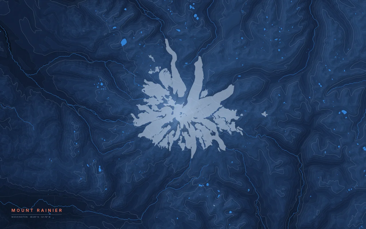 Mount Rainier Summit in the Night River palette: Glaciers and radiating valleys