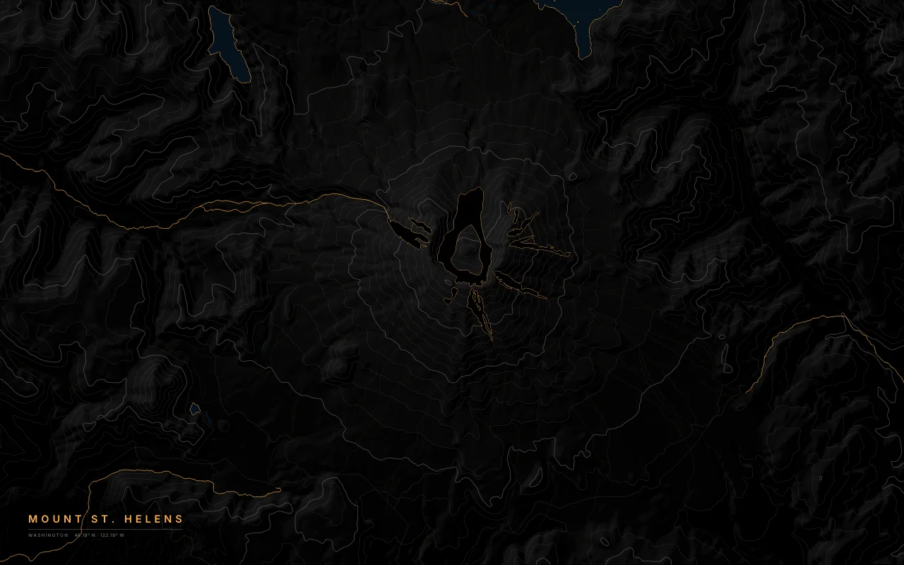 Mount St. Helens Contours in the Black palette: Elevation bands of Mount St. Helens, with the 1980 crater open to the north and Spirit Lake below it.