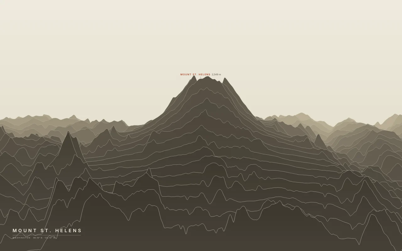 Mount St. Helens Ridgelines in the Paper palette: The volcano whose 1980 eruption left a crater open to the north.